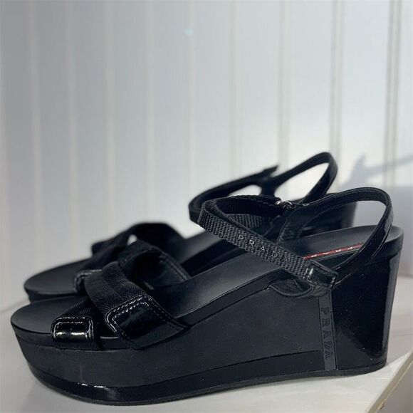 Prada Sport Black Wedge Sandals 40.5 Strappy Platform Hook & Loop Designer Shoes - Picture 1 of 11